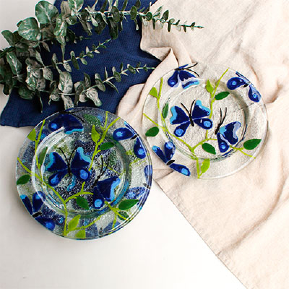 set de 4 platos de entrada/postre mariposa azul