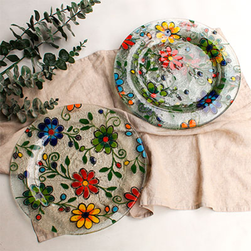 set de 4 platos flores bordadas