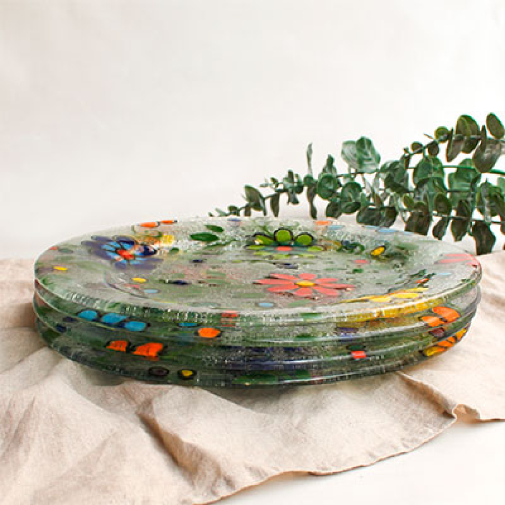 set de 4 platos flores bordadas