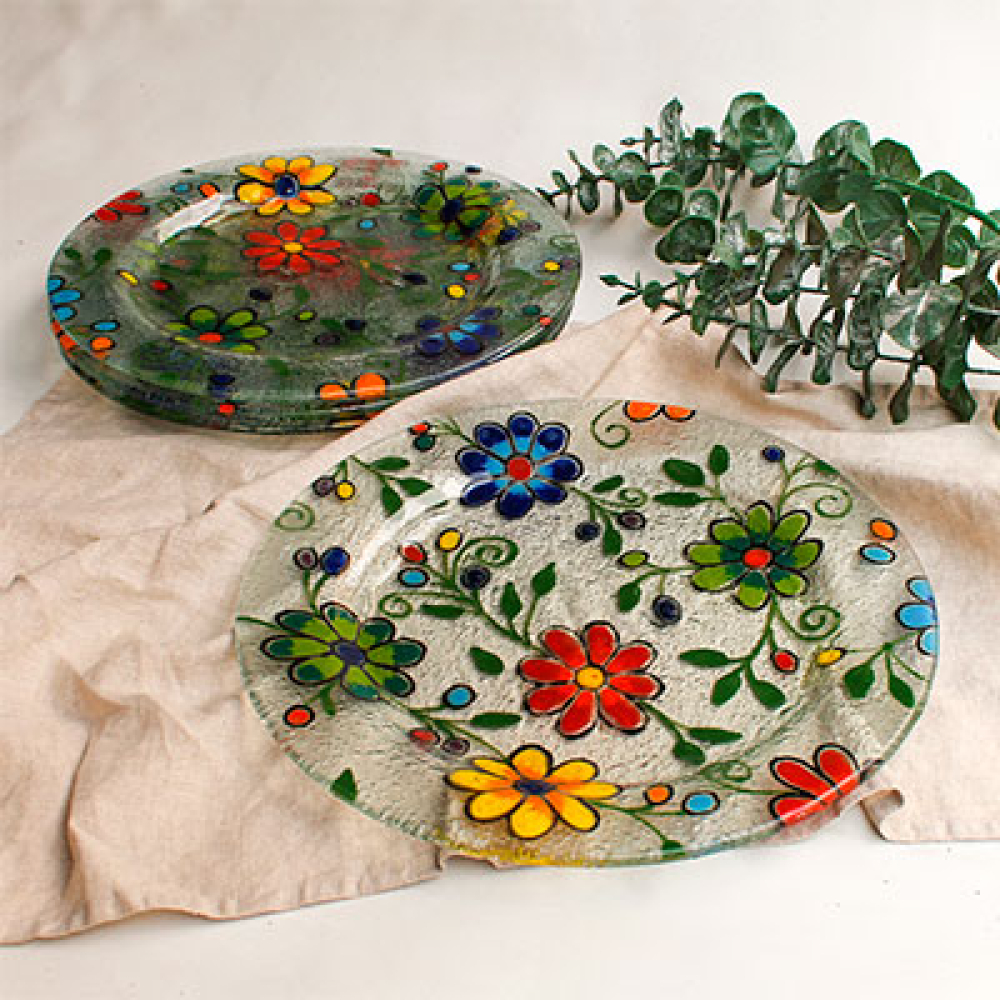 set de 4 platos flores bordadas